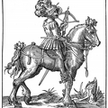 Mounted  Crossbowman, with Cranequin crossbow, and a quarrel in his hat