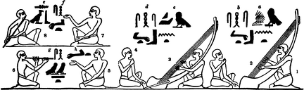 Harps, pipe, and flute, from an ancient tomb near the Pyramids