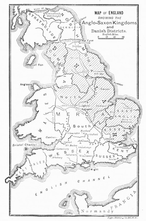 Map of England showing the Anglo-Saxon Kingdoms and Danish Districts