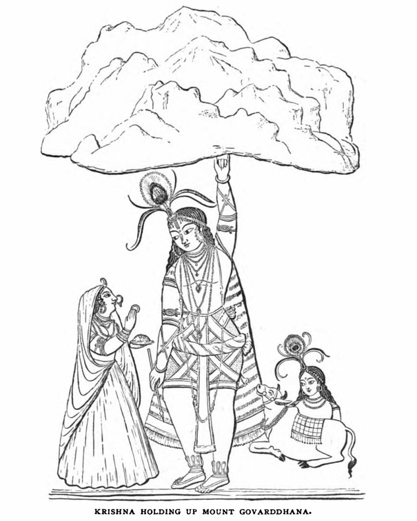Krishna holding up Mount Govardhana.jpg