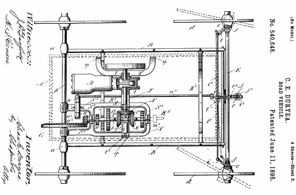 A drawing and the first page of the specifications of the first patent issued to C. E. Duryea