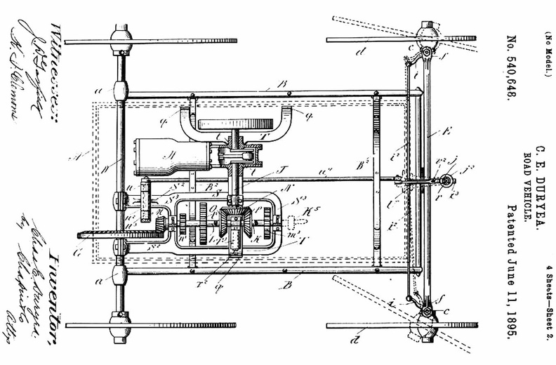 A drawing and the first page of the specifications of the first patent issued to C. E. Duryea
