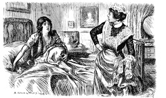 Pertubed woman in bed talking to the maid