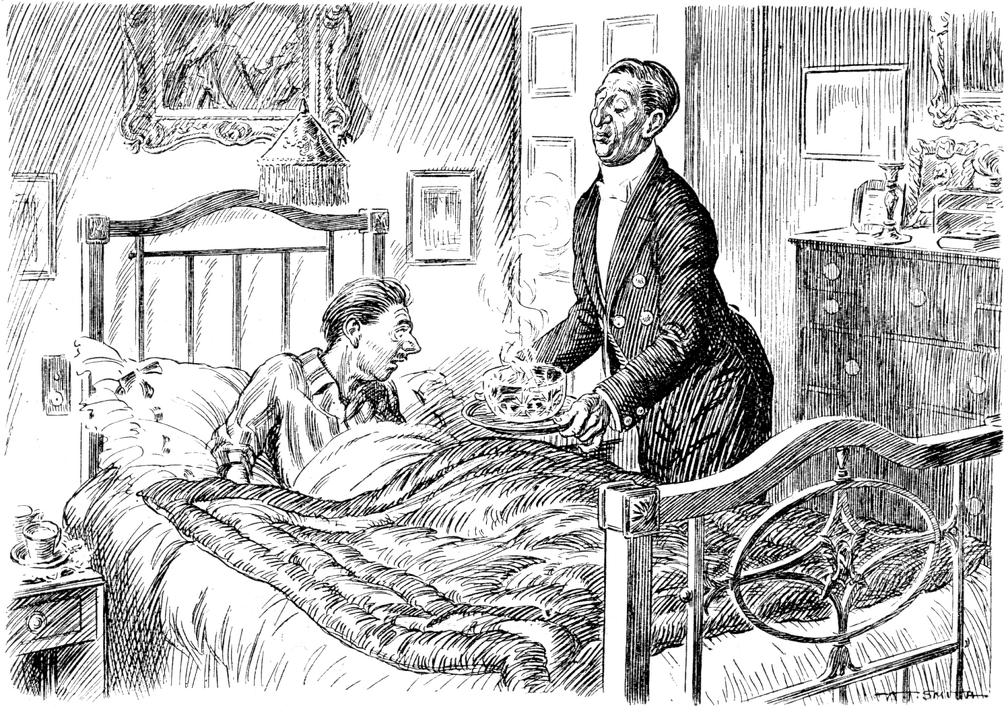 Butler bring a steaming hot bowl of soup to a man in bed.png