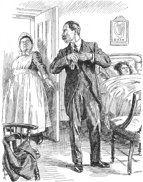 Haughty maid talking to a man visiting lady in bed.jpg