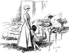 Lady and small girl visiting a lady in bed