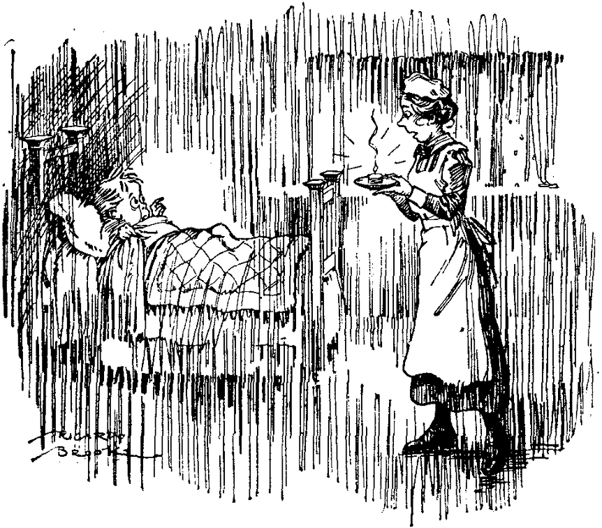 Maid bringing a candle to a scared child in bed