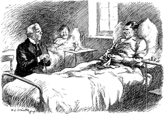 Man talking to man in hospital bed