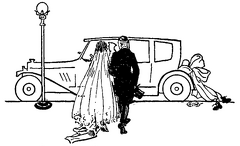 Man and wife about to go away in the bridal car