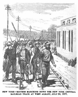 New York - Rioters marching down the New York Central Railroad track at West Albany, July 24, 1877