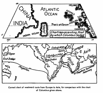 Correct chart of westward route from Europe to Asia, for comparison with the chart of Columbus