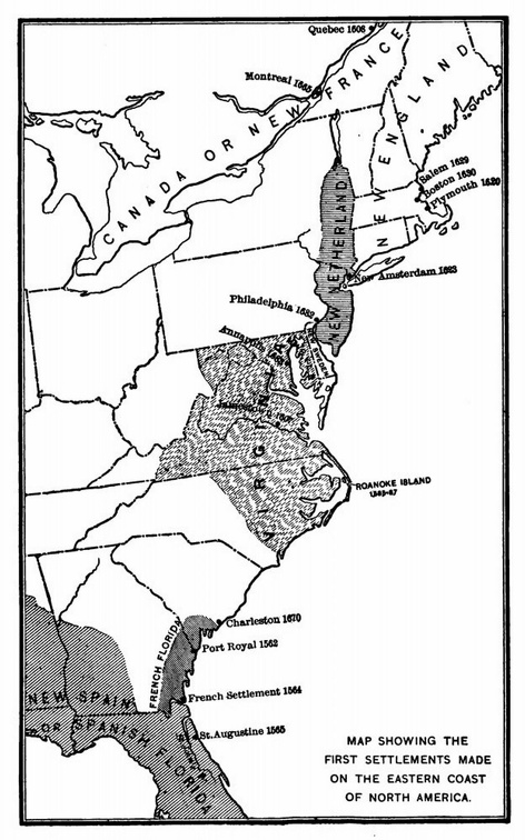 Map showing the first settlements made on the Eastern coast of North America