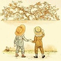 Two boys eyeing some apples on a tree
