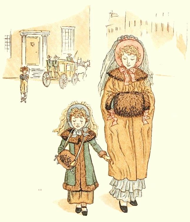 A lady and an unhappy little girl walking along in their winter outfits.jpg