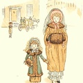 A lady and an unhappy little girl walking along in their winter outfits
