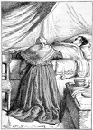 Lady kneeling beside bed with a man in it