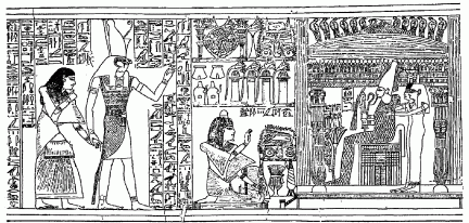 Horus, the son of Isis, leading the scribe Ani into the presence of Osiris, the god and judge of the dead