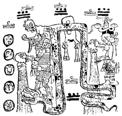 Reproduction of a Picture in the Maya Codex Troano representing the Rain-god Chac treading upon the Serpent's head