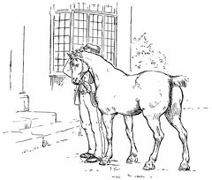 Man and horse outside a house