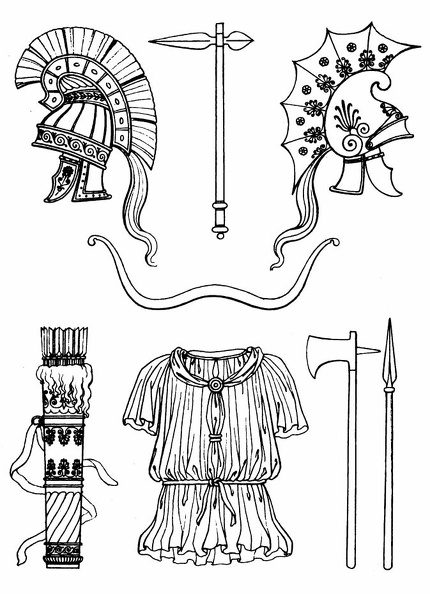 Phrygian helmets, bow, bipennis, quiver, tunic, axe and javelin.jpg