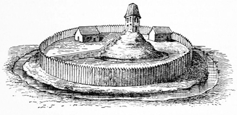 10th century castle, on its mound, with a wooden palisade enclosure.jpg