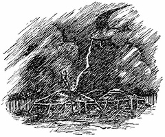 As the man sat in his lodge, there came a clap of thunder and lightning struck his roof, tearing a great hole