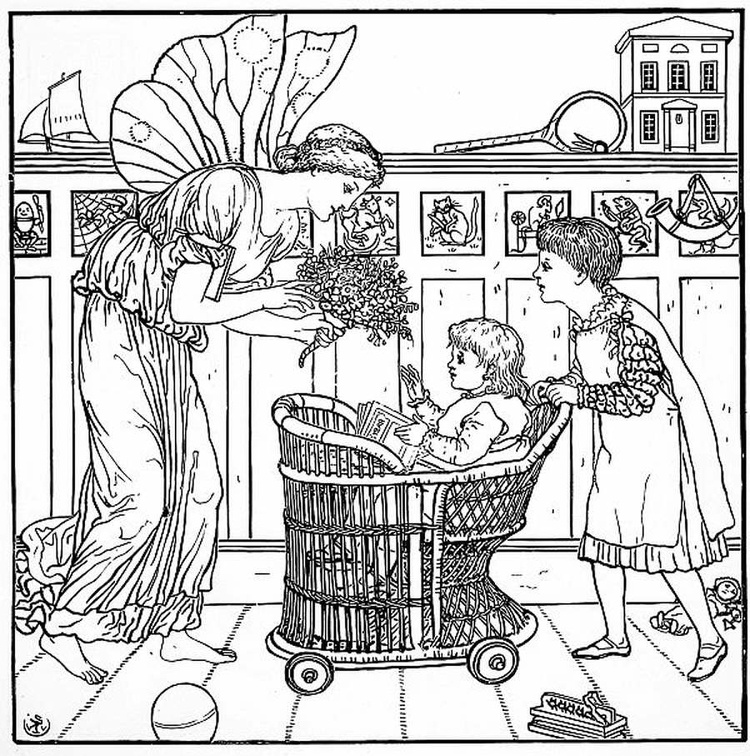 fairy giving gift to baby in push chair being pushed by another child - bw.jpg