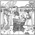 fairy giving gift to baby in push chair being pushed by another child