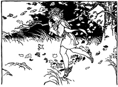 Girl playing a flutelike instrument while running through some leaves