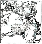 Girl with baby in a cradle in a tree