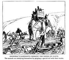Hannibal's Elephants crossing the Rhone on rafts