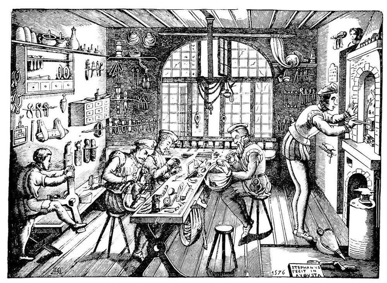 Interior of the Atelier of Etienne Delaulne, a celebrated goldsmith of Paris, in the Sixteenth Century.jpg
