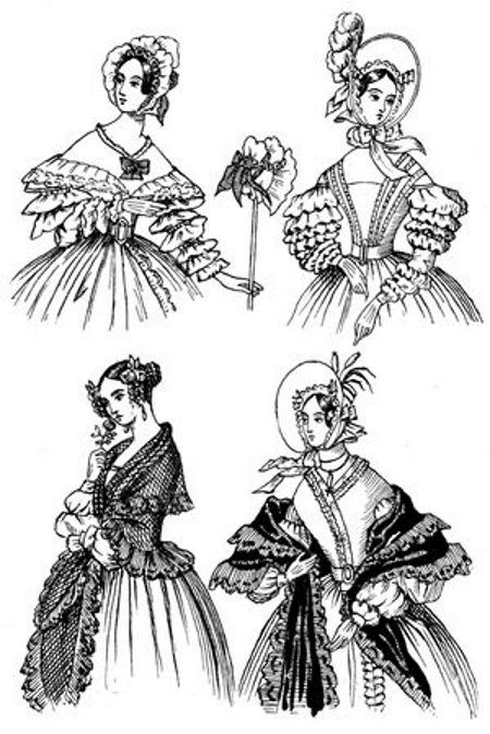 two walking dresses as well as an indoors and evening dress 1836