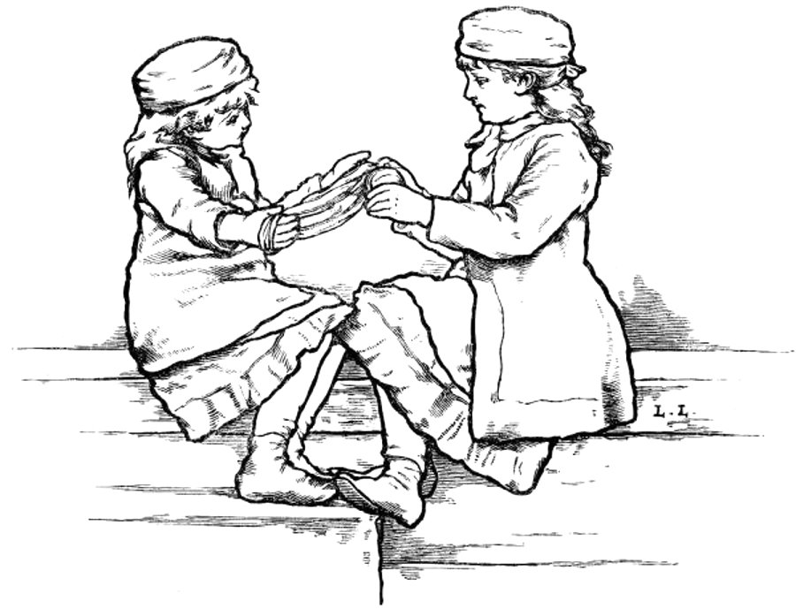 Two Girls unwinding wool