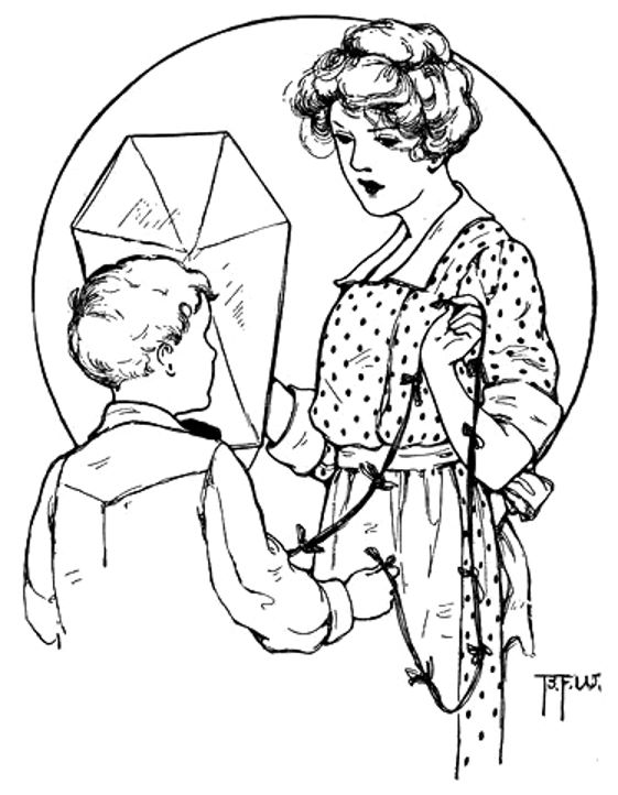 Lady and boy discuss a kite