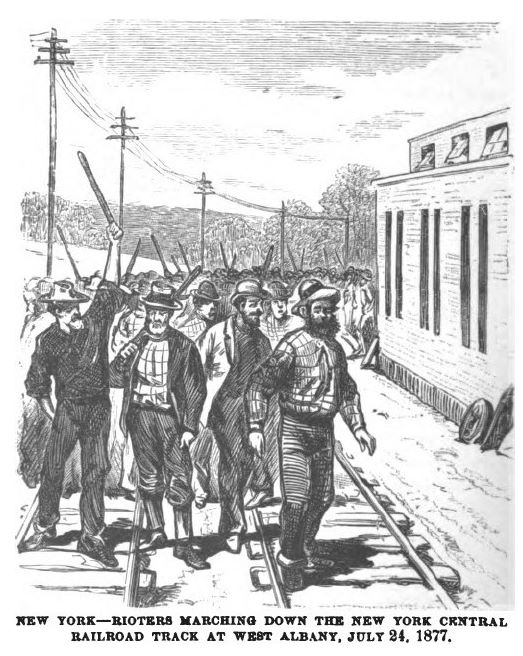 New York - Rioters marching down the New York Central Railroad track at West Albany, July 24, 1877