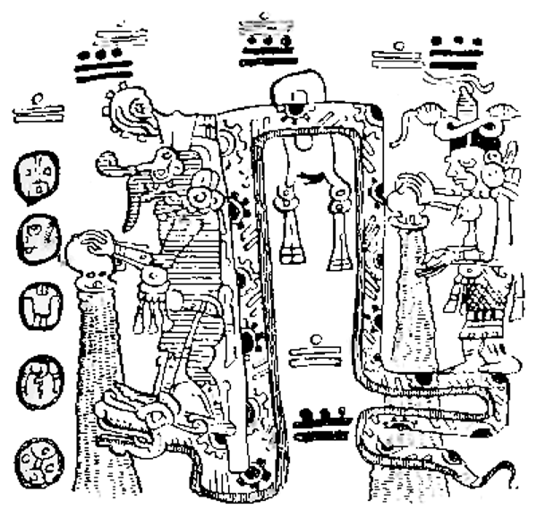Reproduction of a Picture in the Maya Codex Troano representing the Rain-god Chac treading upon the Serpent's head.png