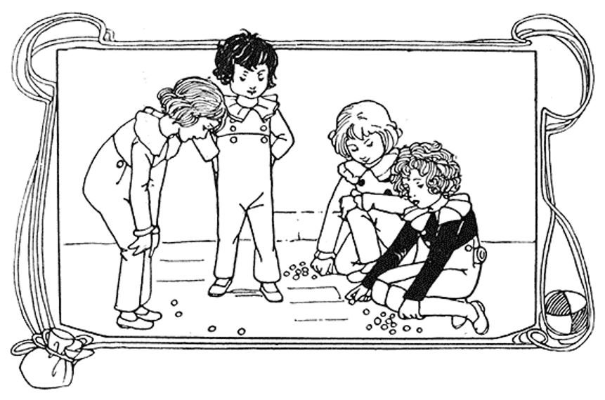 Four boys playing marbles