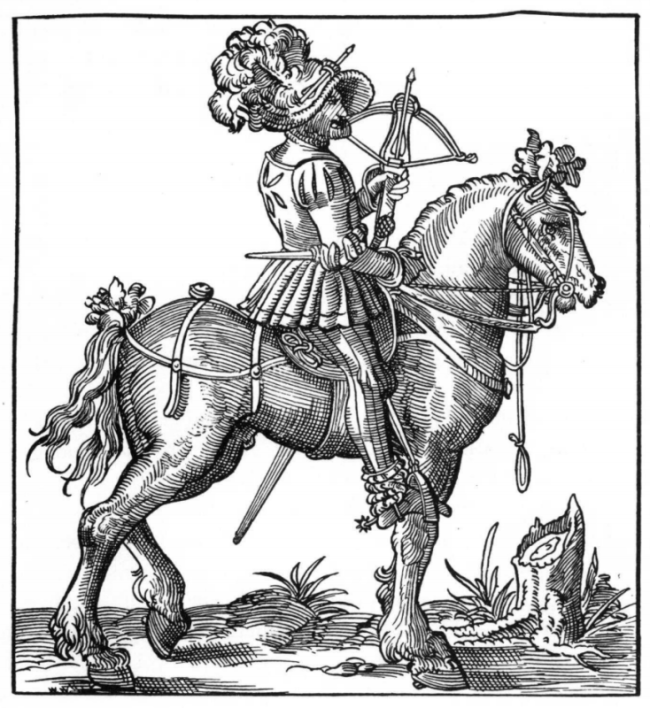 Mounted  Crossbowman, with Cranequin crossbow, and a quarrel in his hat.png
