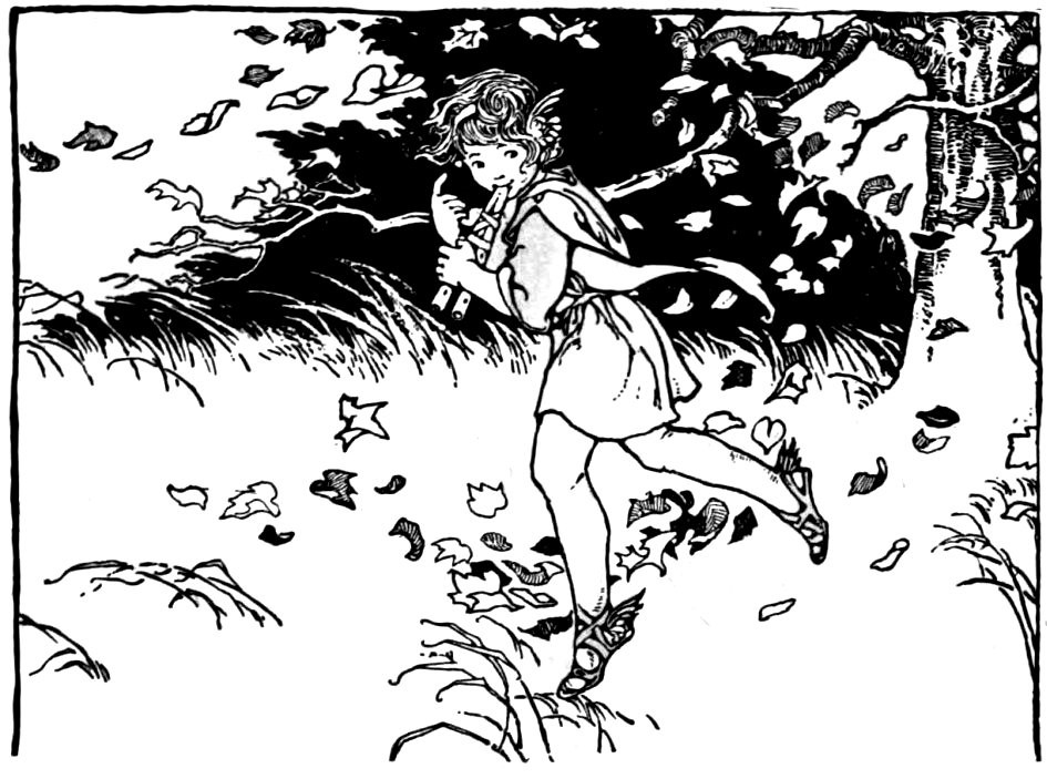 Girl playing a flutelike instrument while running through some leaves.jpg